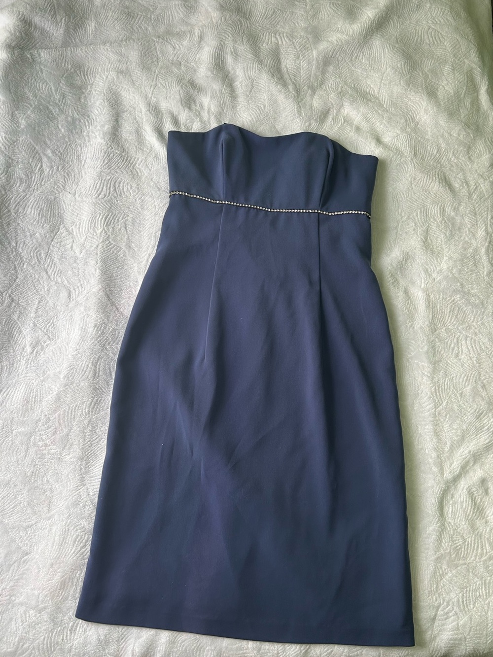 Faviana Strapless Navy Sheath Dress with Rhinestone Waist